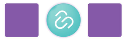 Two purple squares with a circle in between. The circle is turquoise and has Ubiminds' logo in it. 