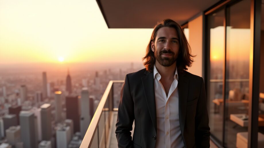 dustin stout standing on the balcony of a penthouse suite overlooking a vast big city at sunset