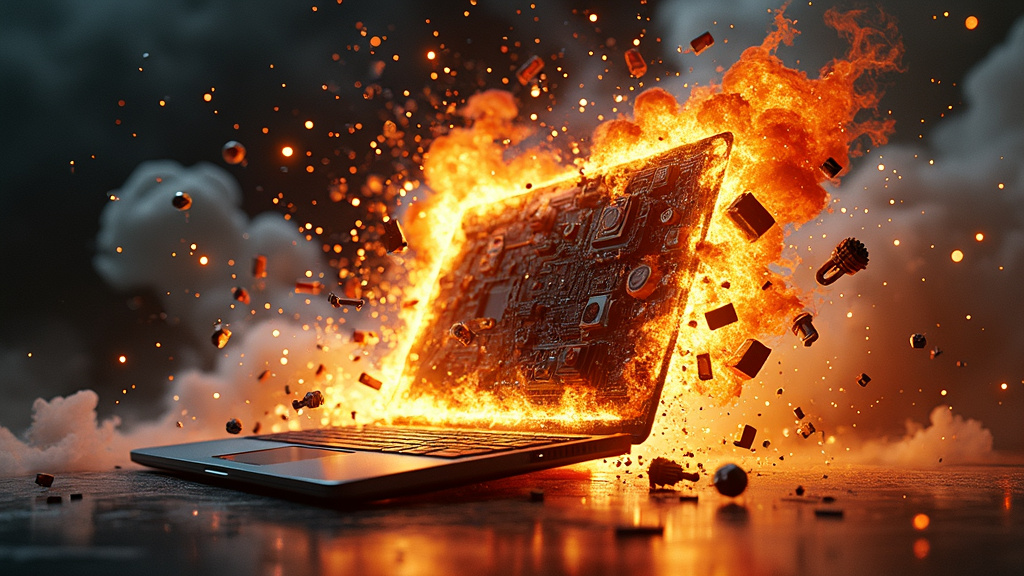 a laptop exploding into flames
