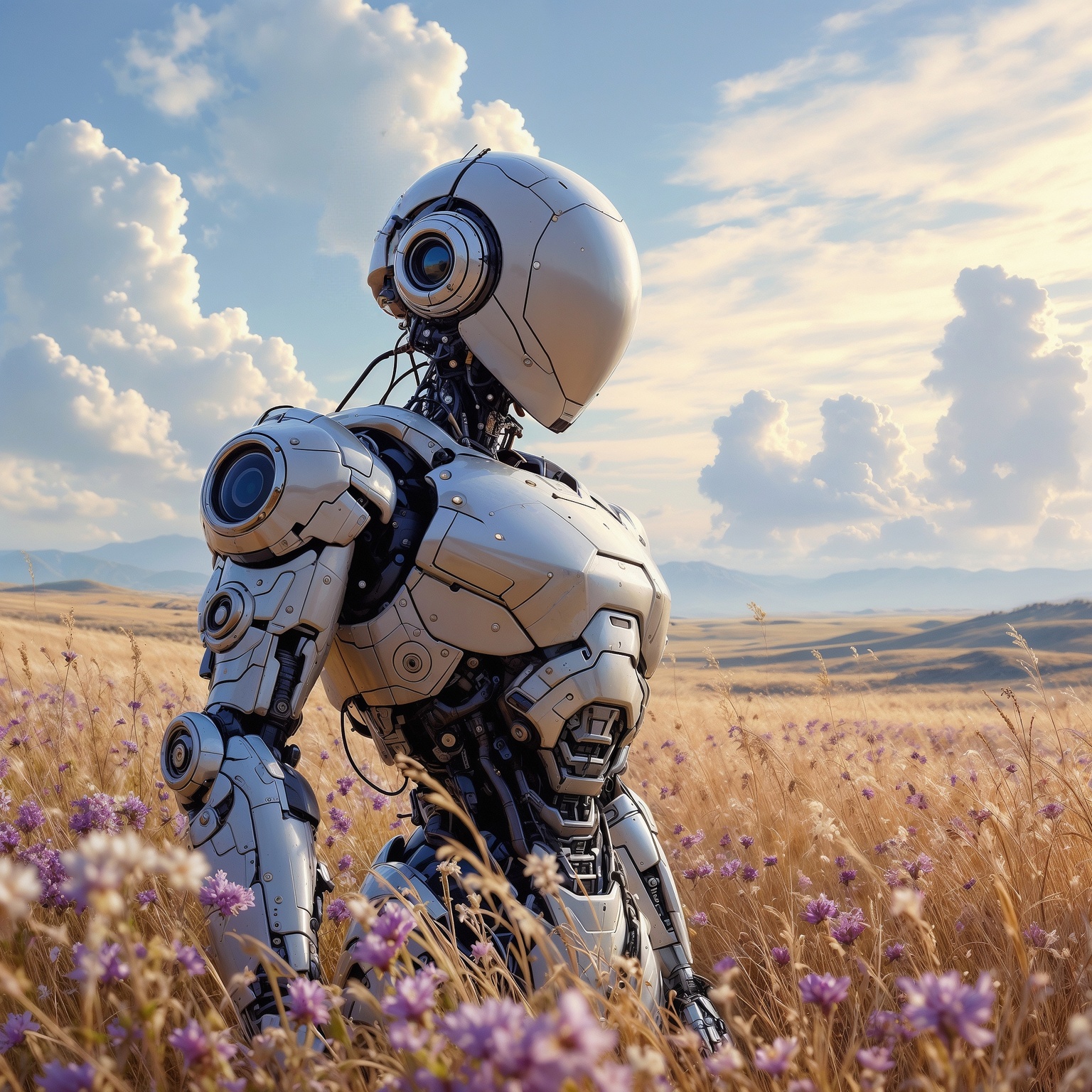 an ai robot standing in a golden field with a few flowers visible in the foreground
