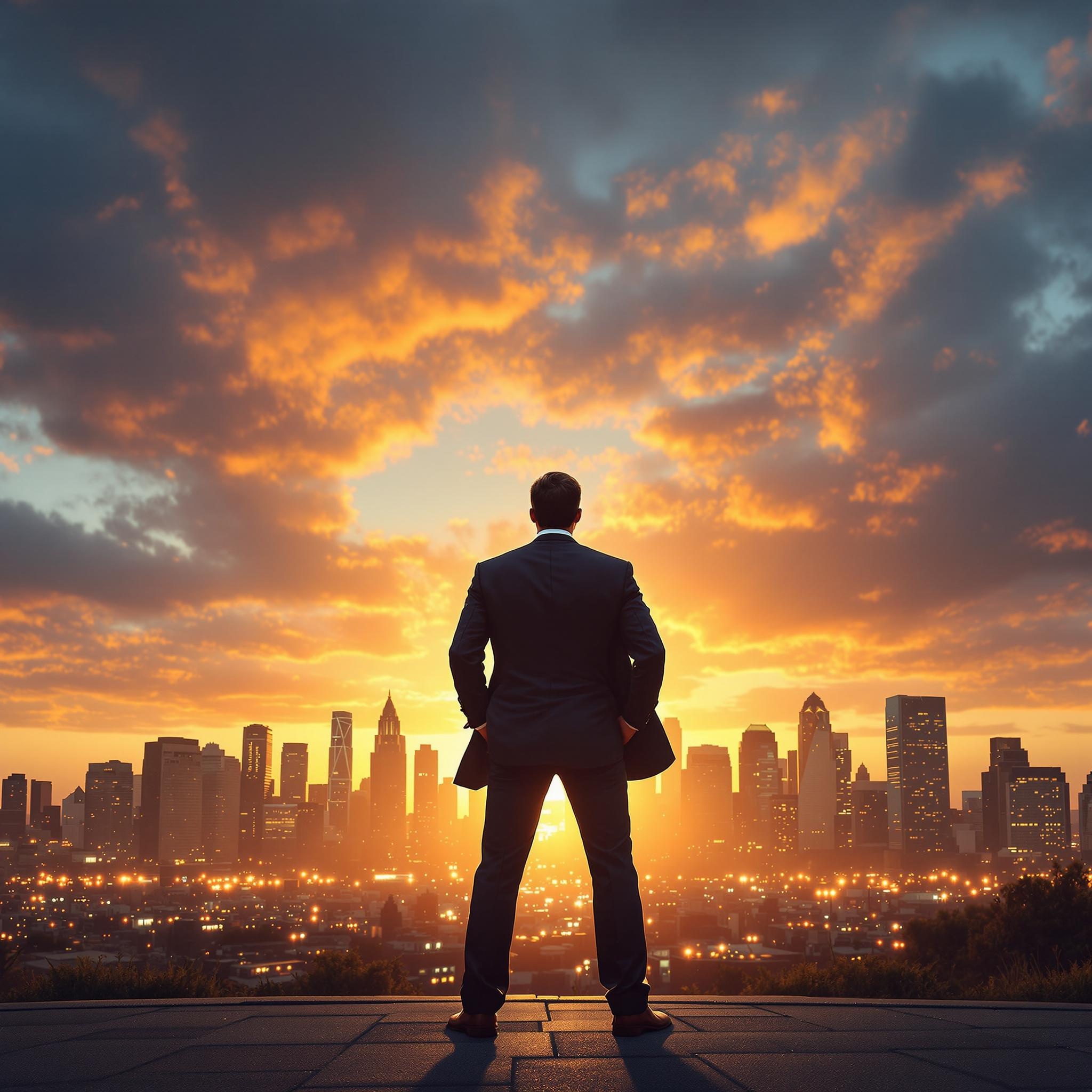 ai generated image of a businessman standing in front of a sunset with city skyline in the background