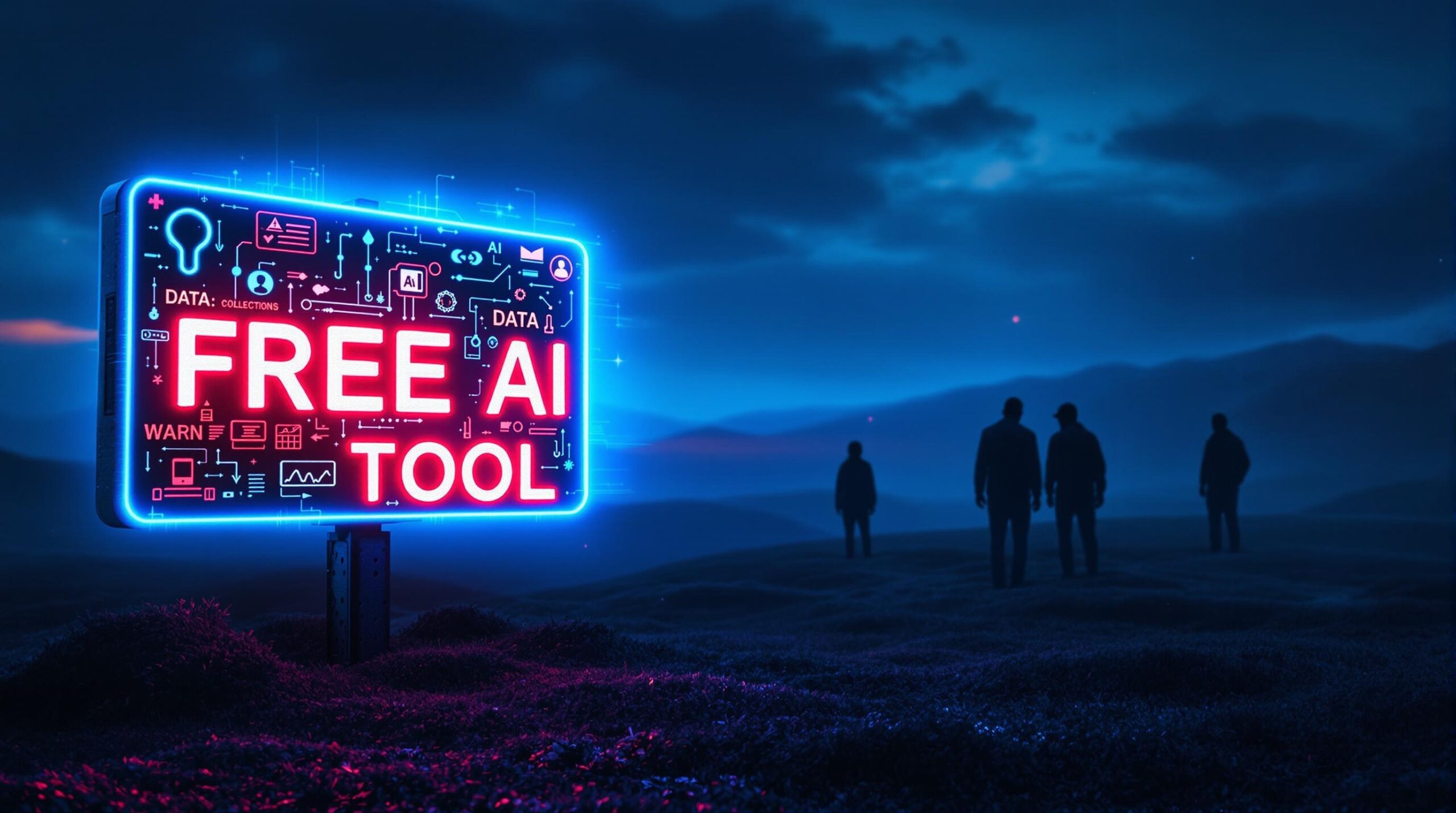 dystopian landscape at night with silhouetted figures wandering, with a neon sign that says "free ai tool"