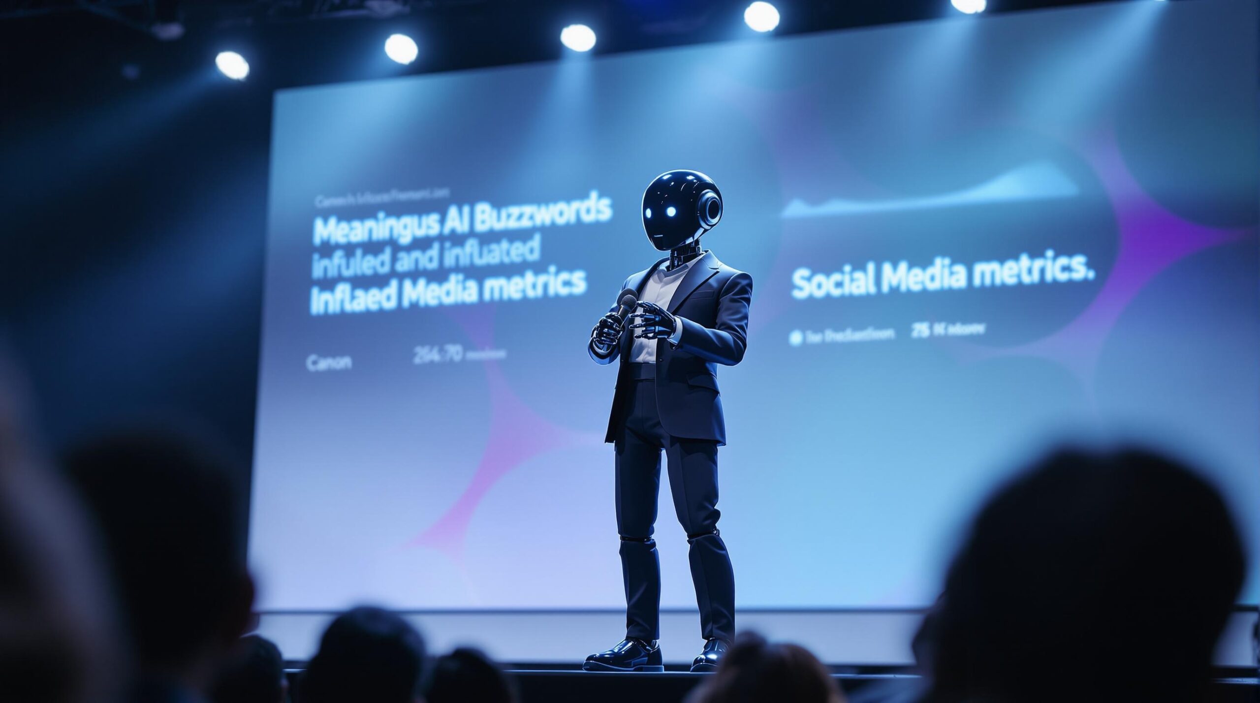 ai generated photo of a robot influencer parody speaking on a stage with a giant presentation screen behind it