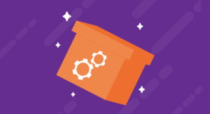 A orange box with two gears on it and some stars sparkling around, 