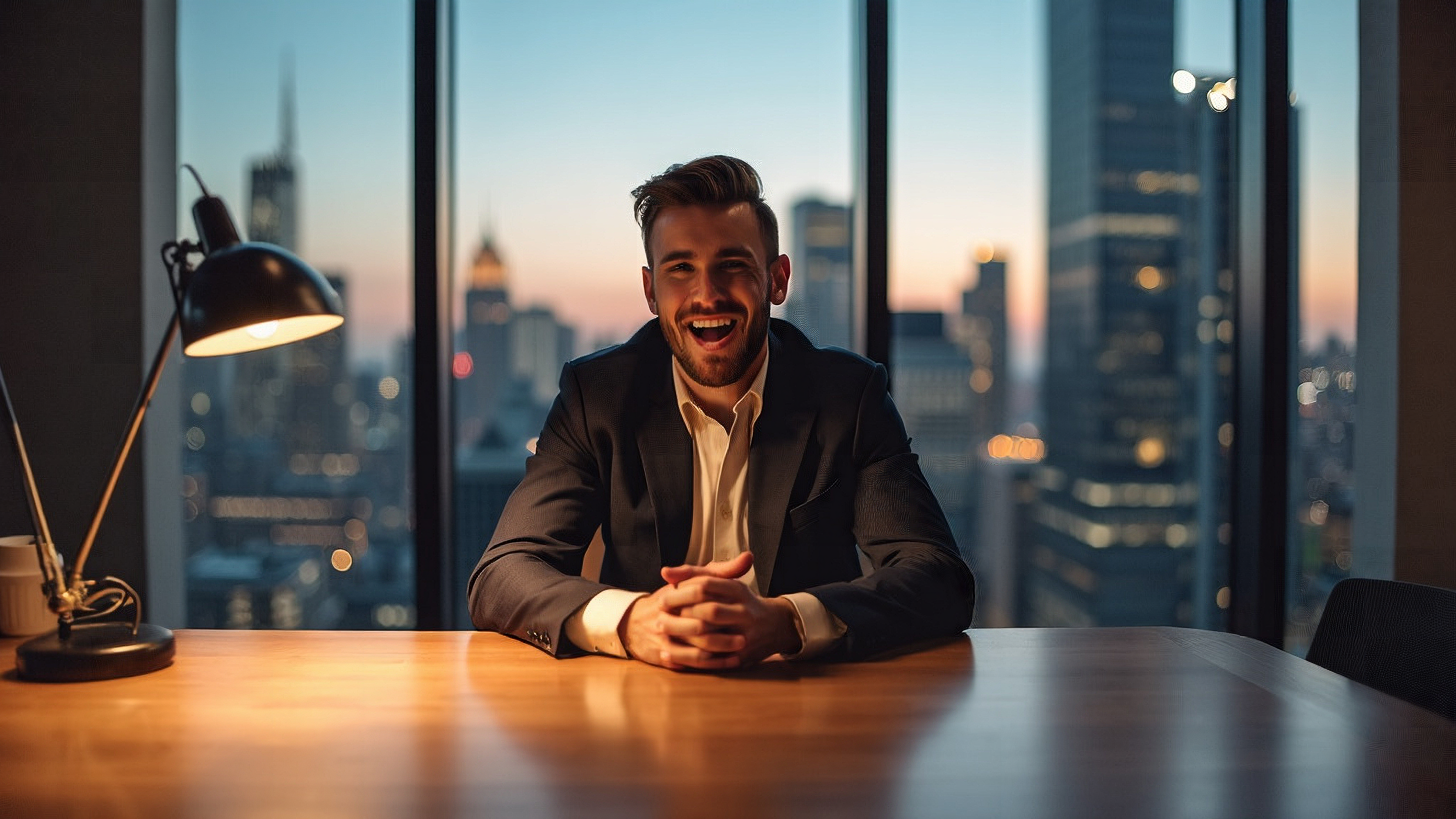 young male entrepreneur, early 30s, sharply dressed in a modern tailored suit, sitting at a sleek, minimalist walnut desk, facing the camera with an excited and triumphant expression