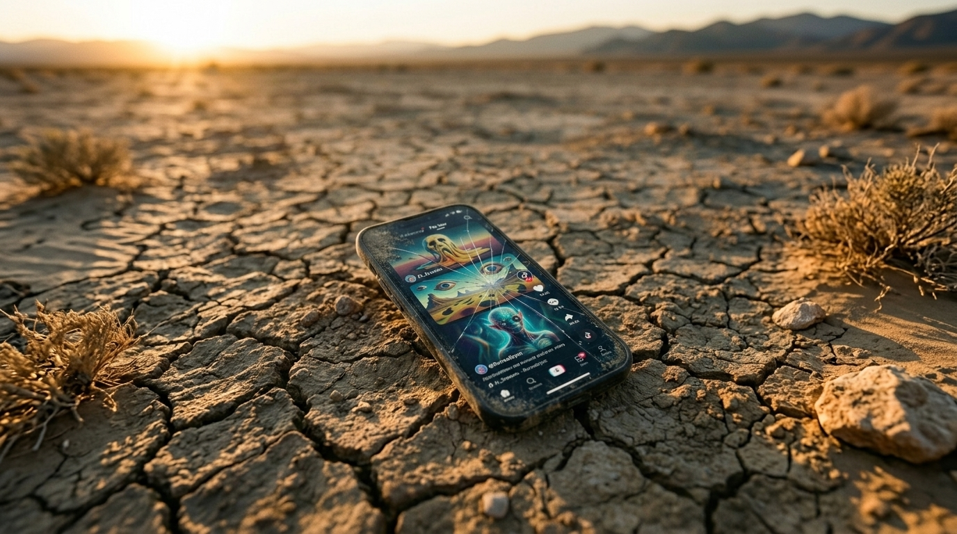 Smartphone displaying AI-generated video content abandoned on cracked desert ground at sunset, symbolizing the end of the Sora app