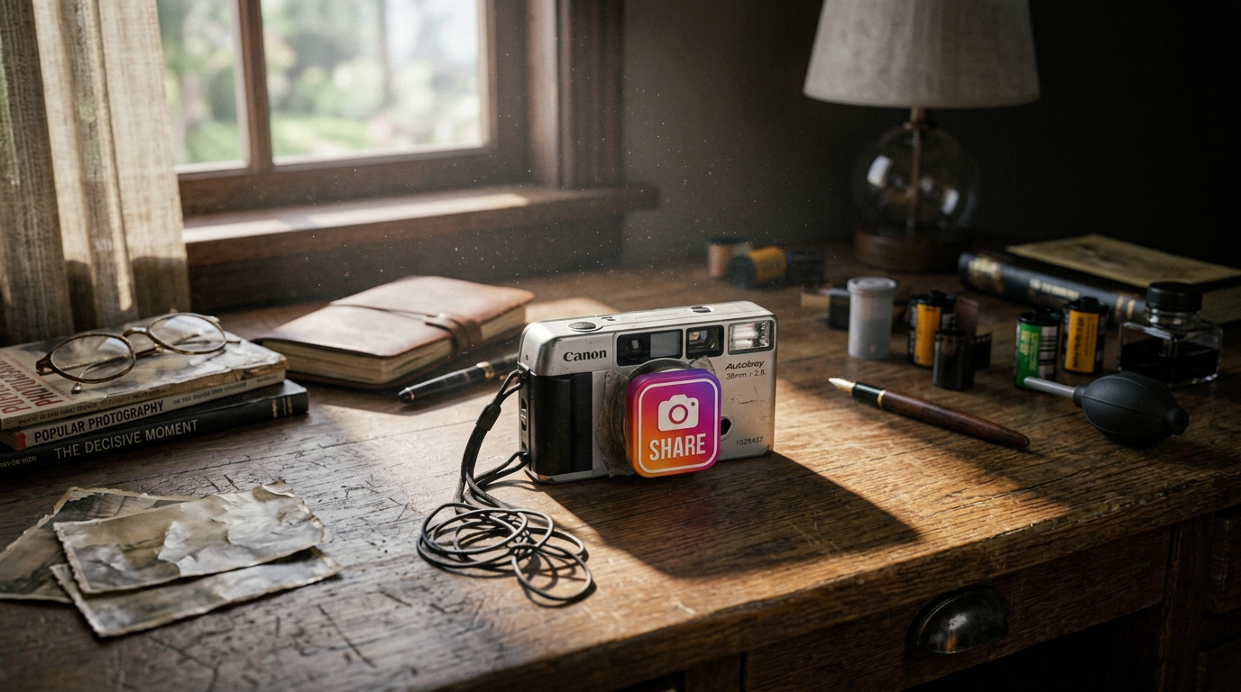A Canon point-and-shoot camera with a large Share button awkwardly bolted onto the front
